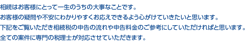 相続はお客様にとって一生のうちの大事なことです。お客様の疑問や不安にわかりやすくお応えできるよう心がけていきたいと思います。下記をご覧いただき相続税の申告の流れや申告料金のご参考にしていただければと思います。全ての案件に専門の税理士が対応させていただきます。